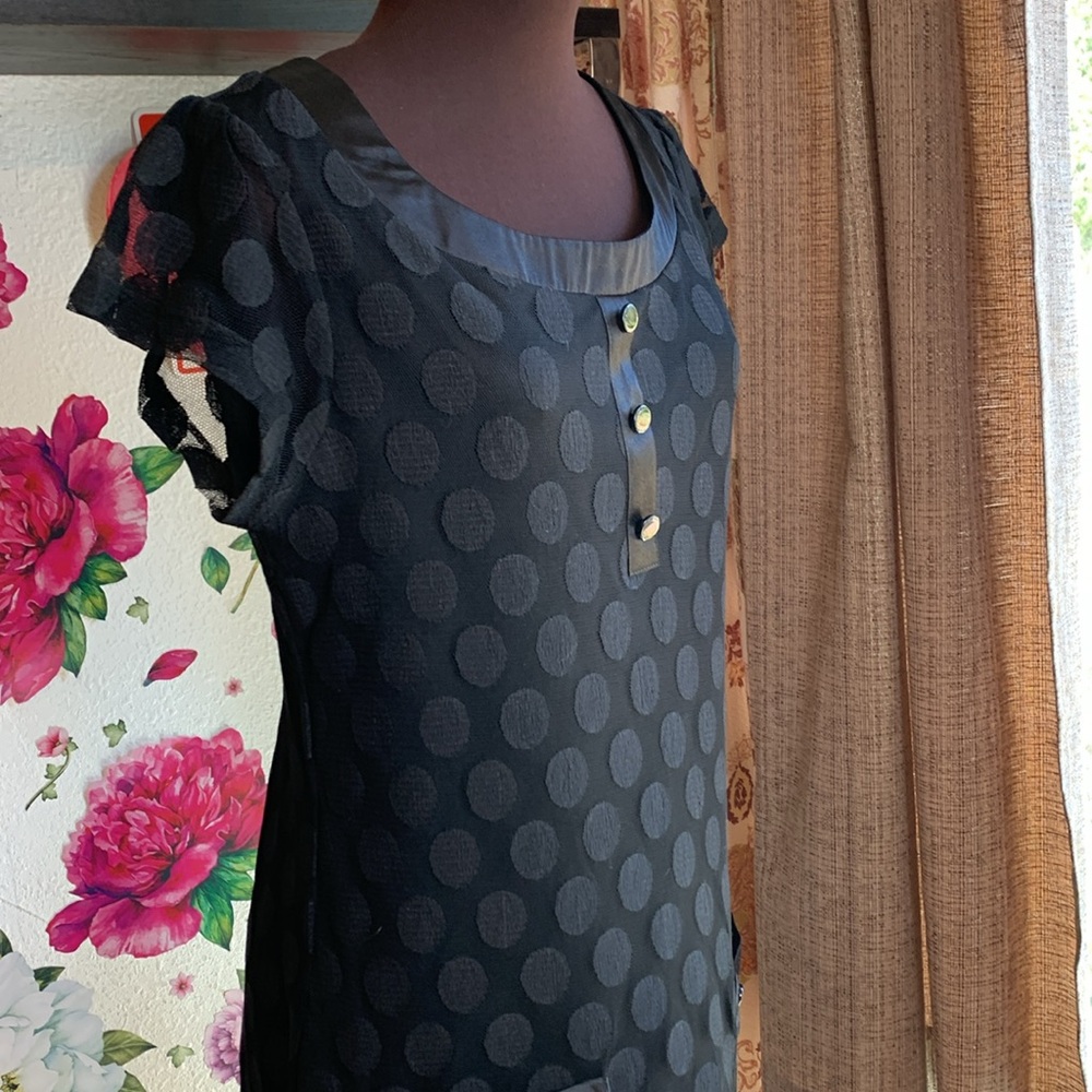 Enfocus Studio, solid black retro polka dot short sleeve midi dress. Size 10.
